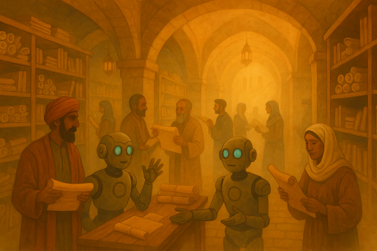 رفوف أرشيف قديمة من اللفائف ممزوجة بقطع رقمية متوهجة، يعتني بها روبوتات صغيرة.