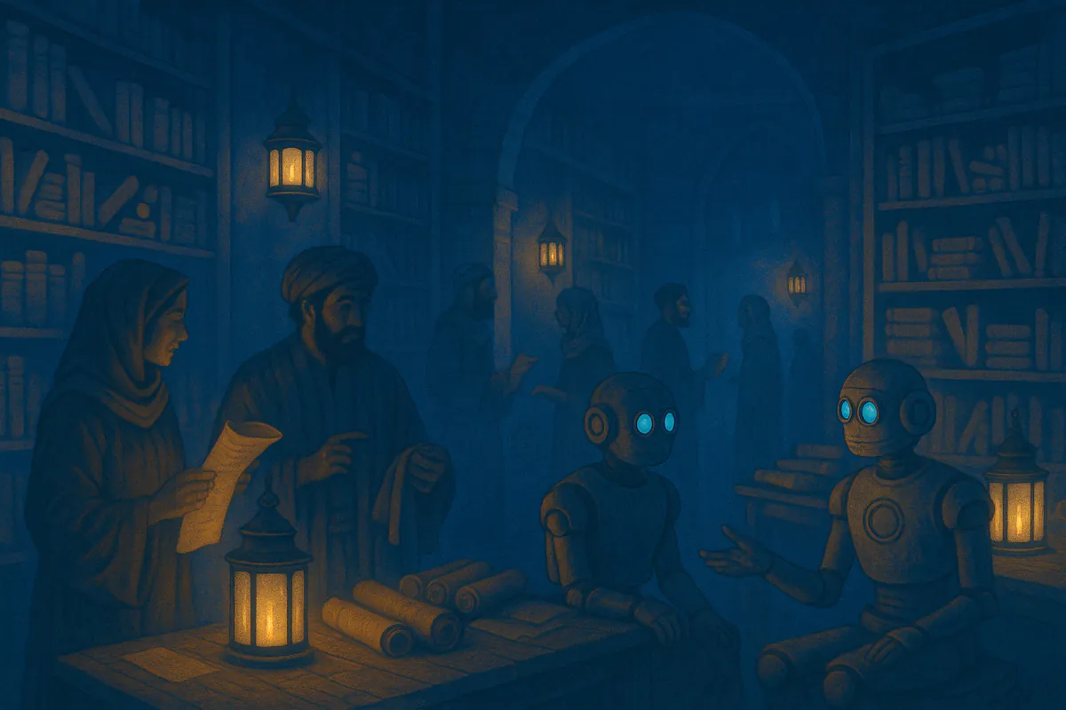 رفوف أرشيف قديمة من اللفائف ممزوجة بقطع رقمية متوهجة، يعتني بها روبوتات صغيرة.