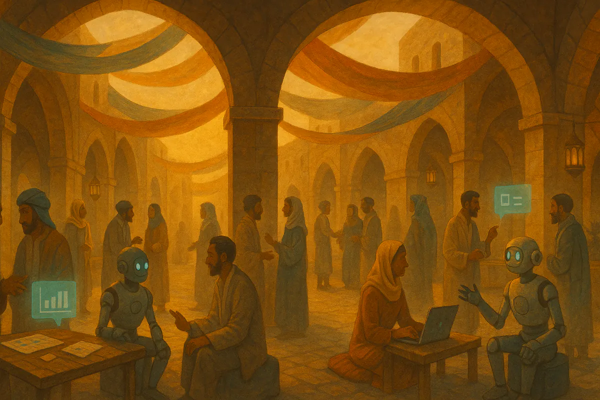 تجمّع أناس في بازار رقمي دافئ