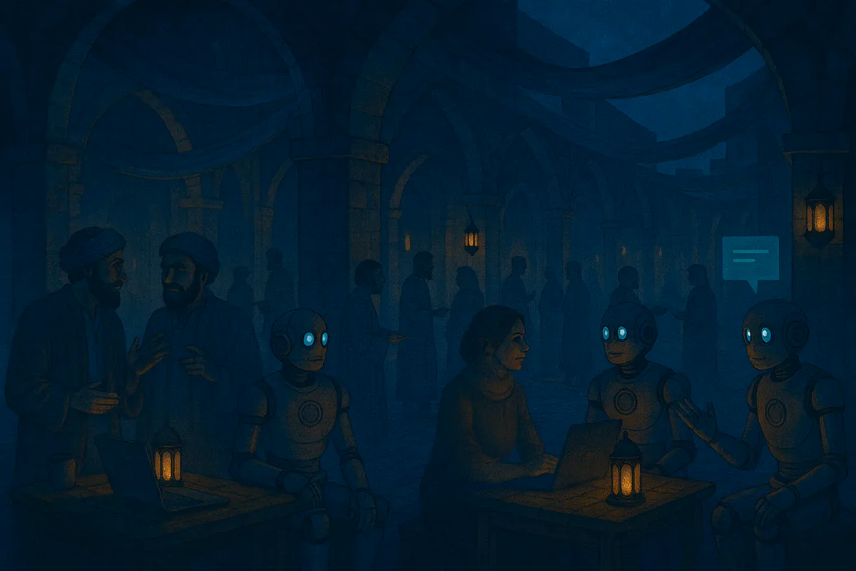 تجمّع أناس في بازار رقمي دافئ