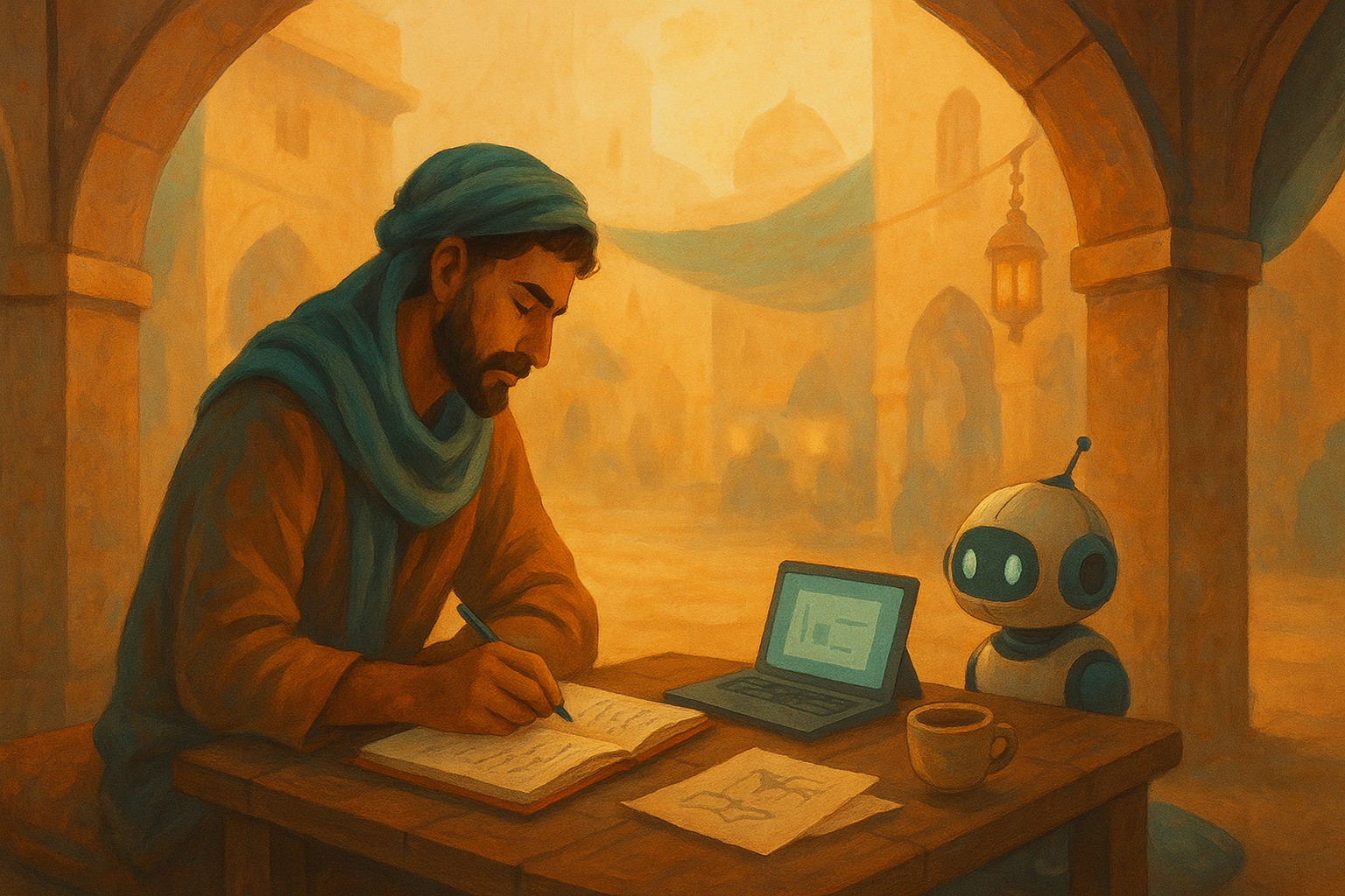 A person writing at a low table with a small robot in a quiet corner of the Digital Bazaar